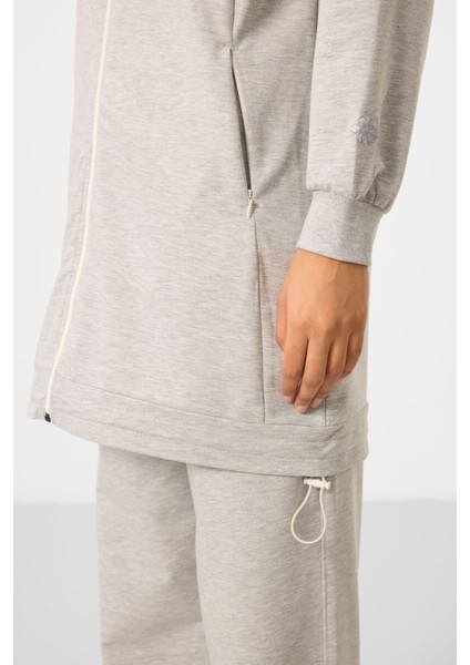 Gri Melanj Dik Yaka Fermuarlı Pamuklu Kadın Eşofman Tunik Takım - 95346 fırsatları