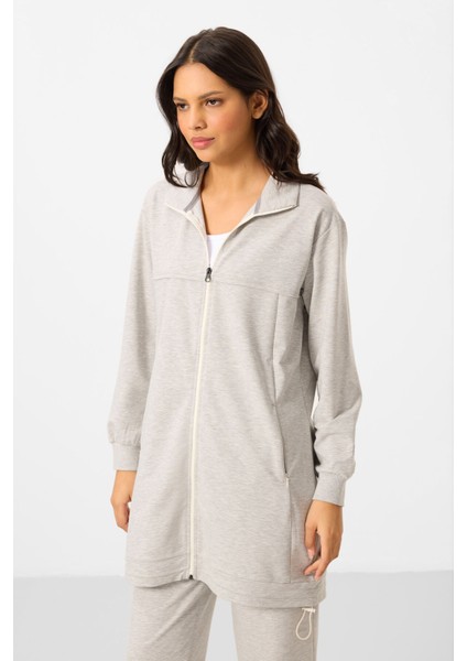 Gri Melanj Dik Yaka Fermuarlı Pamuklu Kadın Eşofman Tunik Takım - 95346 indirimleri