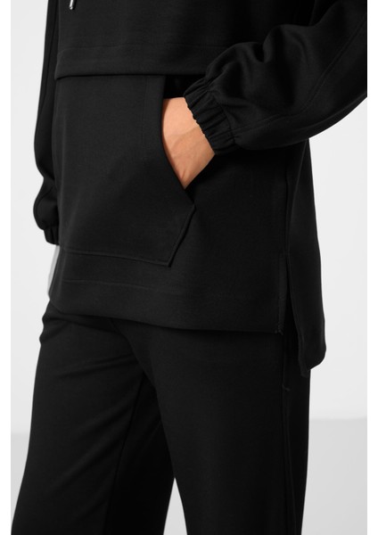 Siyah Yumuşak Dokulu Kapüşonlu Oversize Kadın Eşofman Tunik Takım - 95348 fırsatları