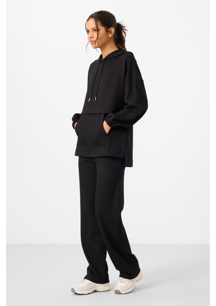 Siyah Yumuşak Dokulu Kapüşonlu Oversize Kadın Eşofman Tunik Takım - 95348 indirimleri