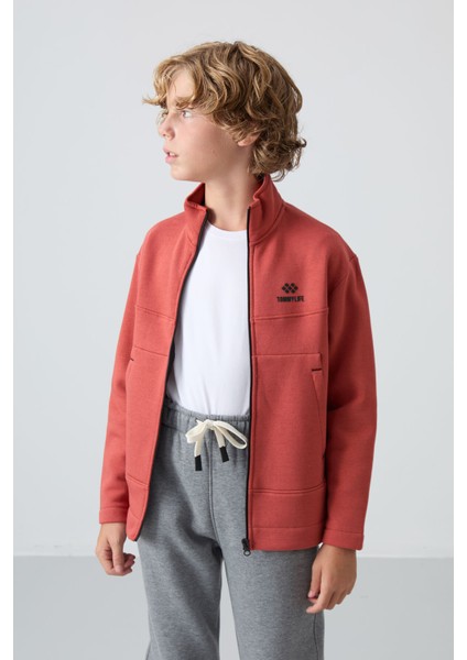 Kiremit Pamuklu Kalın İçi Tüylü Yumuşak Dokulu Standart Fit Nakışlı Erkek Çocuk Sweatshirt - 11245