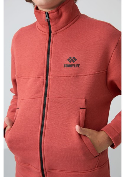 Kiremit Pamuklu Kalın İçi Tüylü Yumuşak Dokulu Standart Fit Nakışlı Erkek Çocuk Sweatshirt - 11245 modelleri