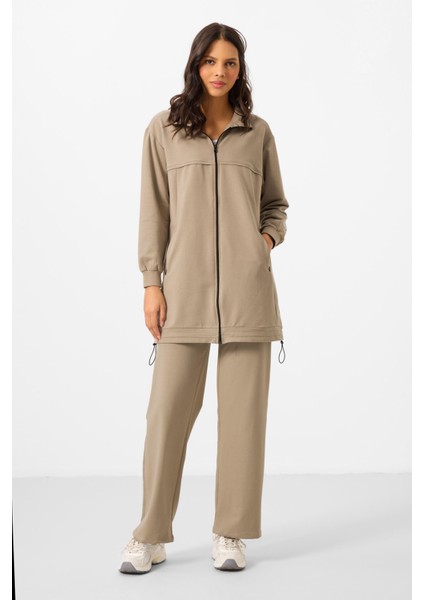 Koyu Bej Dik Yaka Fermuarlı Pamuklu Kadın Eşofman Tunik Takım - 95346 modelleri