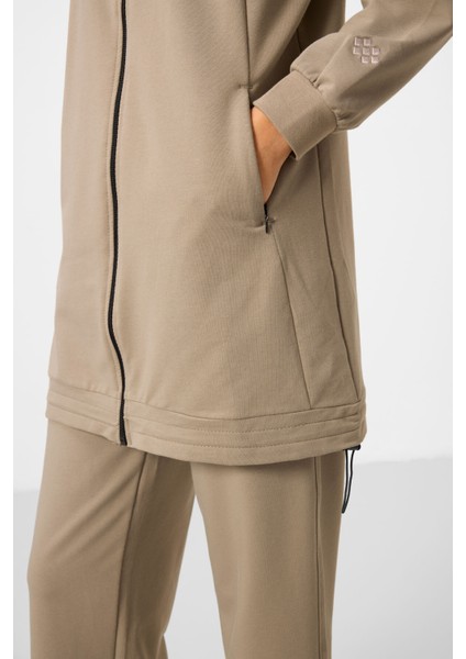 Koyu Bej Dik Yaka Fermuarlı Pamuklu Kadın Eşofman Tunik Takım - 95346 fırsatları