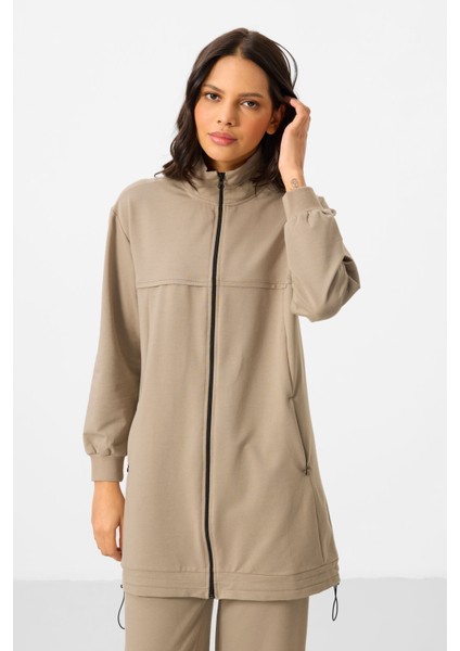 Koyu Bej Dik Yaka Fermuarlı Pamuklu Kadın Eşofman Tunik Takım - 95346 indirimleri