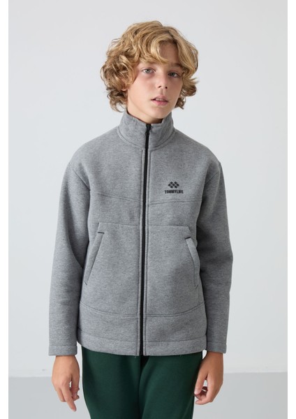 Gri Melanj Pamuklu Kalın İçi Tüylü Yumuşak Dokulu Standart Fit Nakışlı Erkek Çocuk Sweatshirt - 11245