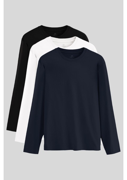 Standart Fit Basic O Yaka 3lü Paket Siyah-Beyaz-Lacivert Erkek T-Shirt 87997