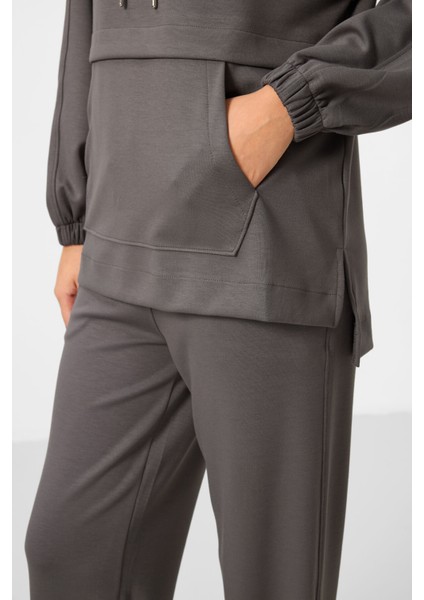 Koyu Gri Yumuşak Dokulu Kapüşonlu Oversize Kadın Eşofman Tunik Takım - 95348 fırsatları