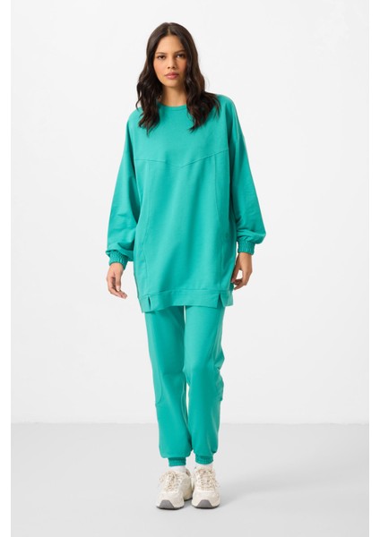 Deniz Yeşil O Yaka Basic Oversize Kadın Eşofman Tunik Takım - 95347
