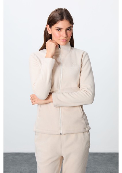Bej Kalın Yumuşak Dokulu Dik Yaka Oversize Nakışlı Polar Kadın Eşofman Takım -95339 fiyatları