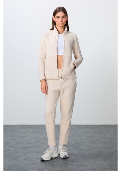 Bej Kalın Yumuşak Dokulu Dik Yaka Oversize Nakışlı Polar Kadın Eşofman Takım -95339 indirimleri