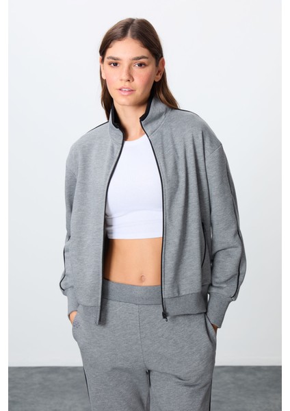 Gri Melanj Kompakt Pamuklu Kalın Pürüzsüz Dokulu Dik Yaka Oversize Fit Kadın Eşofman Takım - 95340 fiyatları