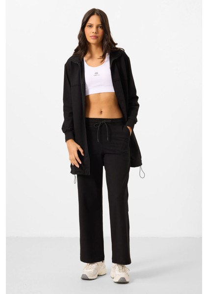 Siyah Dik Yaka Fermuarlı Pamuklu Kadın Eşofman Tunik Takım - 95346