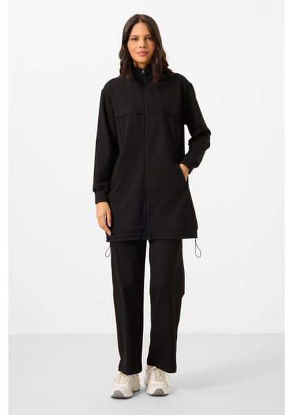 Siyah Dik Yaka Fermuarlı Pamuklu Kadın Eşofman Tunik Takım - 95346 modelleri
