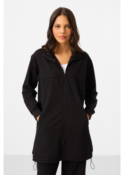 Siyah Dik Yaka Fermuarlı Pamuklu Kadın Eşofman Tunik Takım - 95346 indirimleri