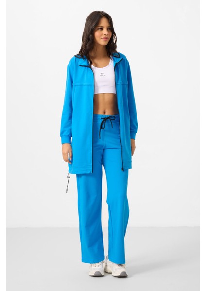 Mavi Dik Yaka Fermuarlı Pamuklu Kadın Eşofman Tunik Takım - 95346