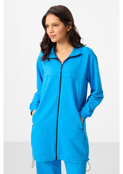Mavi Dik Yaka Fermuarlı Pamuklu Kadın Eşofman Tunik Takım - 95346 fırsatları