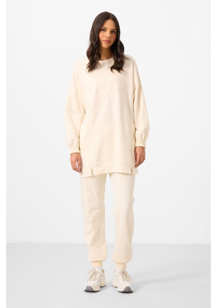 Ekru O Yaka Basic Oversize Kadın Eşofman Tunik Takım - 95347