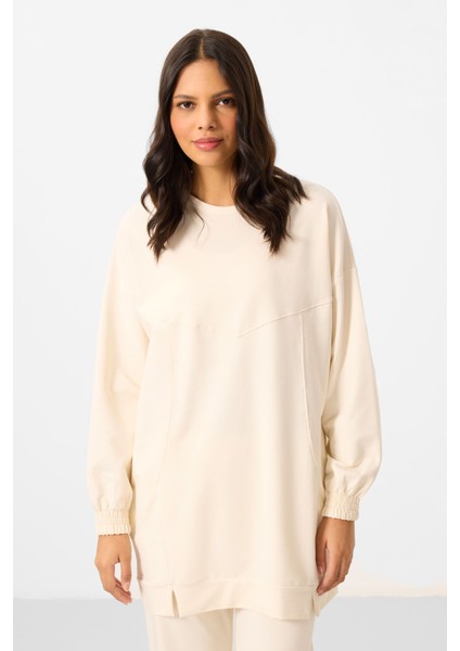 Ekru O Yaka Basic Oversize Kadın Eşofman Tunik Takım - 95347 indirimleri