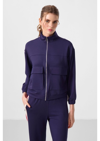 Koyu Mor Yumuşak Dokulu Dik Yaka Oversize Kargo Cepli Kadın Crop Top Sweatshirt - 97301