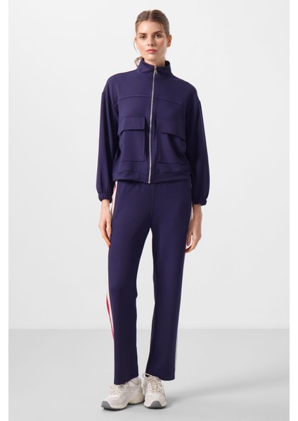 Koyu Mor Yumuşak Dokulu Dik Yaka Oversize Kargo Cepli Kadın Crop Top Sweatshirt - 97301 fiyatları