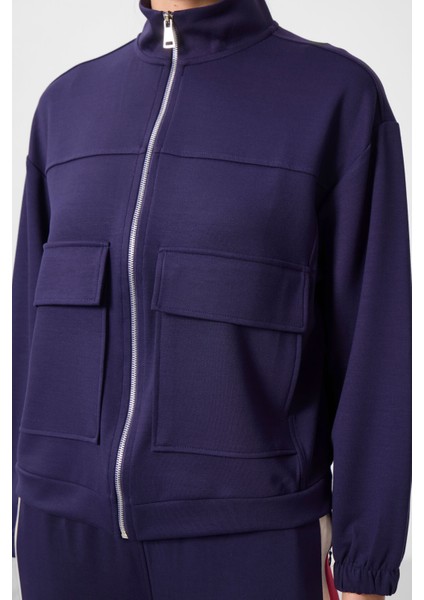 Koyu Mor Yumuşak Dokulu Dik Yaka Oversize Kargo Cepli Kadın Crop Top Sweatshirt - 97301 modelleri