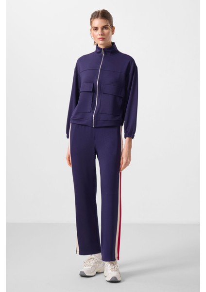 Koyu Mor Yumuşak Dokulu Dik Yaka Oversize Kargo Cepli Kadın Crop Top Sweatshirt - 97301 fırsatları