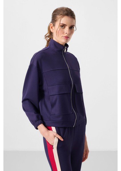 Koyu Mor Yumuşak Dokulu Dik Yaka Oversize Kargo Cepli Kadın Crop Top Sweatshirt - 97301 indirimleri