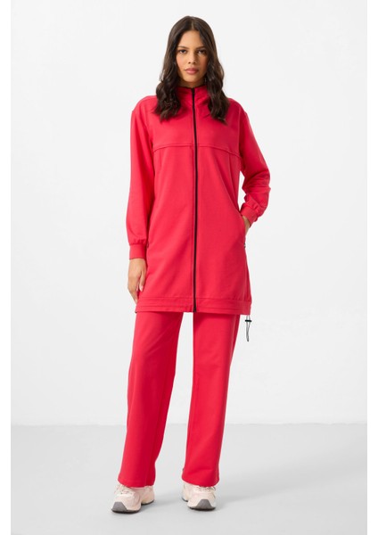 Viva Kırmızı Dik Yaka Fermuarlı Pamuklu Kadın Eşofman Tunik Takım - 95346 fırsatları