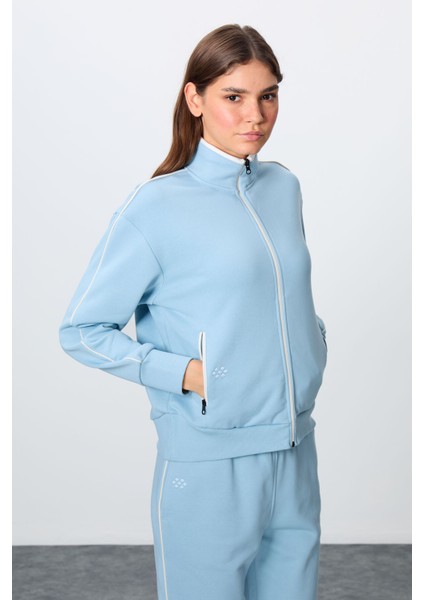 Açık Mavi Kompakt Pamuklu Kalın Pürüzsüz Dokulu Dik Yaka Oversize Fit Kadın Eşofman Takım - 95340 fiyatları