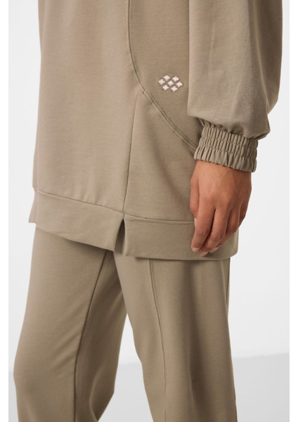 Koyu Bej O Yaka Basic Oversize Kadın Eşofman Tunik Takım - 95347 fırsatları