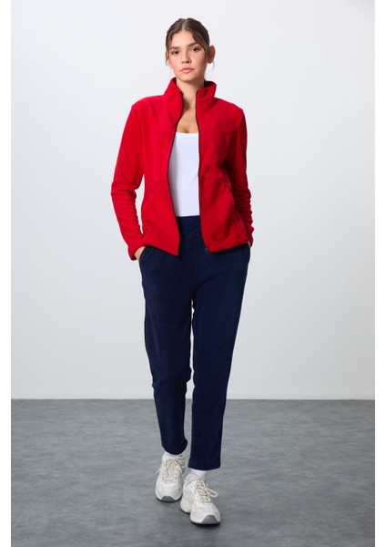 Kırmızı-Lacivert Kalın Yumuşak Dokulu Dik Yaka Oversize Nakışlı Polar Kadın Eşofman Takım -95339 fiyatları