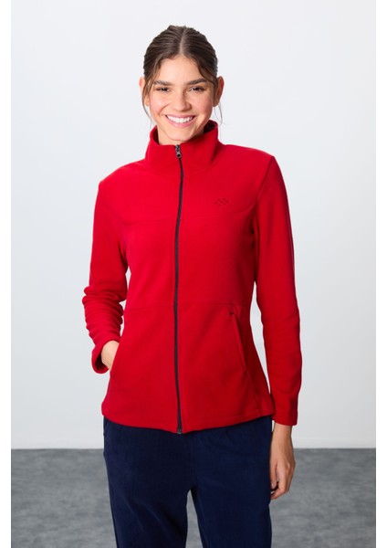 Kırmızı-Lacivert Kalın Yumuşak Dokulu Dik Yaka Oversize Nakışlı Polar Kadın Eşofman Takım -95339 modelleri