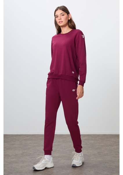 Erguvan Kompakt Pamuklu Kalın Pürüzsüz Dokulu O Yaka Oversize Fit Kadın Eşofman Takım - 95341