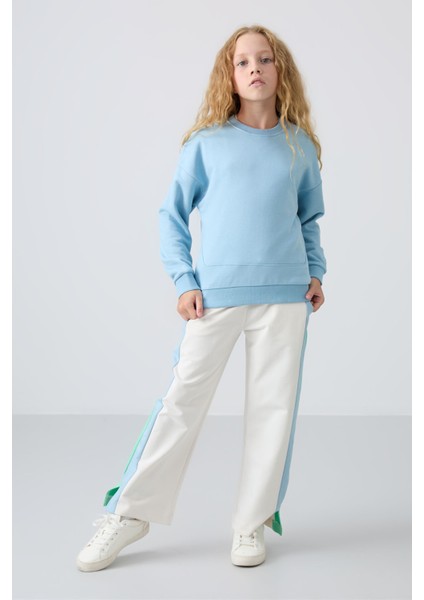 Açık Mavi Pamuklu İçi Tüylü Yumuşak Dokulu Oversize Nakışlı Kız Çocuk Sweatshirt - 75150 fiyatları