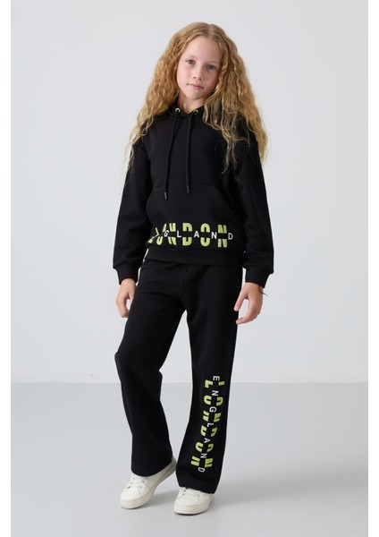 Siyah Pamuklu İçi Tüylü Yumuşak Dokulu Oversize Baskılı Kız Çocuk Eşofman Takım - 75147