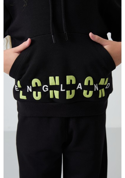 Siyah Pamuklu İçi Tüylü Yumuşak Dokulu Oversize Baskılı Kız Çocuk Eşofman Takım - 75147 fırsatları