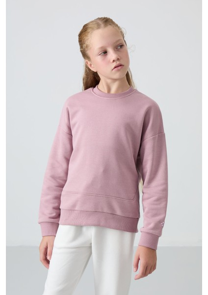 Gül Kurusu Pamuklu İçi Tüylü Yumuşak Dokulu Oversize Nakışlı Kız Çocuk Sweatshirt - 75150