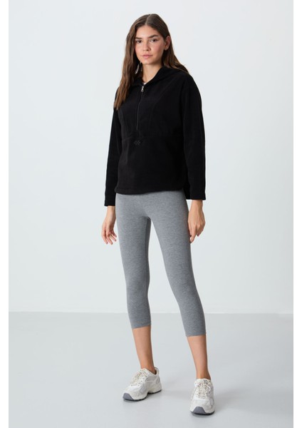 Siyah Kalın Yumuşak Dokulu Kapüşonlu Oversize Nakışlı Polar Kadın Sweatshirt -97286 fiyatları