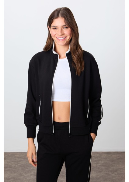 Siyah Kompakt Pamuklu Kalın Pürüzsüz Dokulu Dik Yaka Oversize Fit Kadın Eşofman Takım - 95340 modelleri