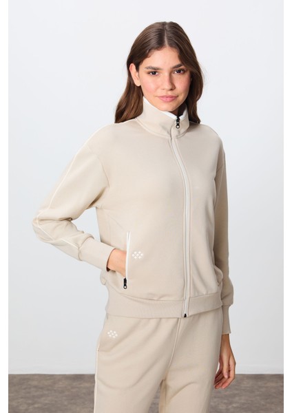 Bej Kompakt Pamuklu Kalın Pürüzsüz Dokulu Dik Yaka Oversize Fit Kadın Eşofman Takım - 95340 modelleri