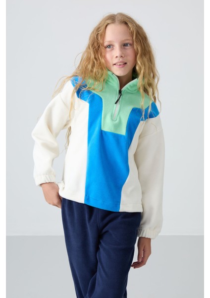 Ekru Kalın Yumuşak Dokulu Oversize Nakışlı Polar Kız Çocuk Sweatshirt - 75153