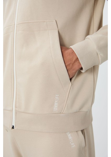 Bej Kompakt Pamuklu Kalın Pürüzsüz Dokulu Kapüşonlu Comfort Fit Erkek Eşofman Takım - 85262 fırsatları