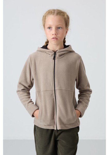 Koyu Bej Kalın Yumuşak Dokulu Standart Fit Nakışlı Polar Kız Çocuk Sweatshirt - 75152