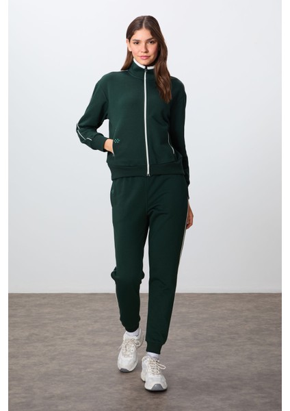 Çam Yeşili Kompakt Pamuklu Kalın Pürüzsüz Dokulu Dik Yaka Oversize Fit Kadın Eşofman Takım - 95340 modelleri