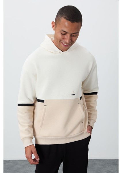 Ekru Pamuklu Kalın Içi Tüylü Yumuşak Dokulu Comfort Fit Nakışlı Erkek Sweatshirt - 88417 fiyatları