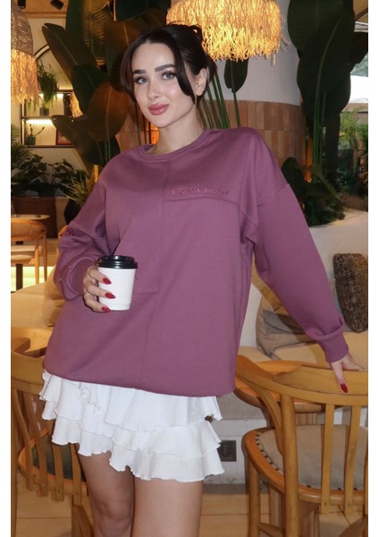 Soft Vişne Kompakt Pamuklu Kalın Pürüzsüz Dokulu O Yaka Oversize Fit Kadın Sweatshirt - 97288 indirimleri