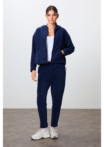 Lacivert Kalın Yumuşak Dokulu Kapüşonlu Oversize Nakışlı Polar Kadın Eşofman Takım -95338 indirimleri