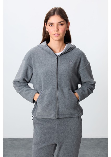 Gri Melanj Kalın Yumuşak Dokulu Kapüşonlu Oversize Nakışlı Polar Kadın Eşofman Takım -95338 fiyatları