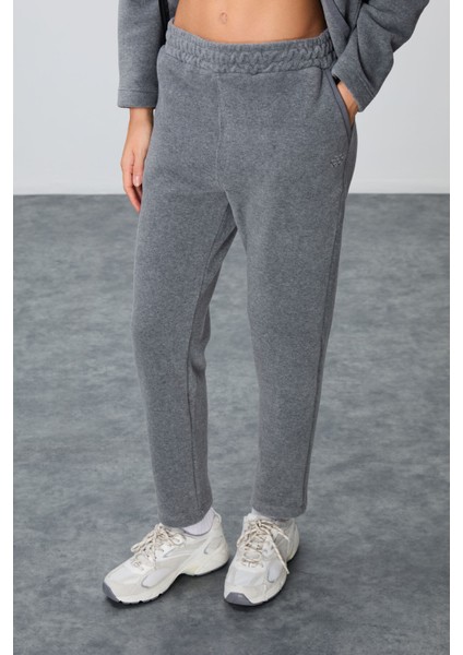 Gri Melanj Kalın Yumuşak Dokulu Kapüşonlu Oversize Nakışlı Polar Kadın Eşofman Takım -95338 modelleri